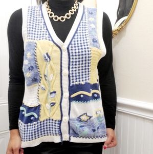 Vintage Knitted Floral Themed Blue, Yellow, & White Vest by Blast Size Large